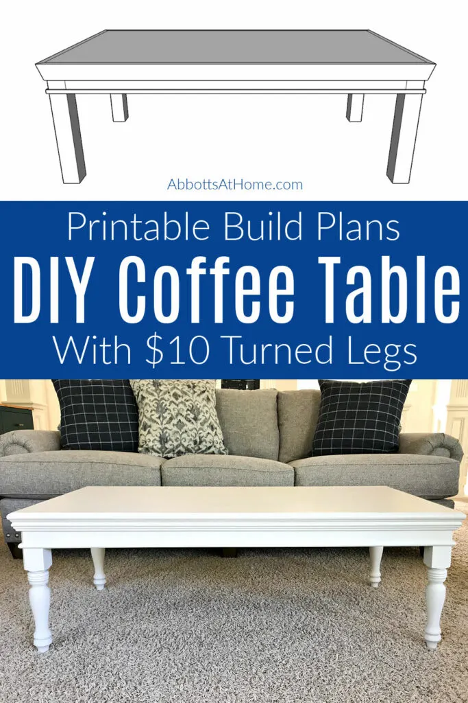 I LOVE the beautiful details on this easy and budget-friendly DIY Coffee Table Build Plan. Built with $10 Turned Legs, Molding & Plywood. Printable Woodworking Plans, easy enough build for beginner woodworkers. Easy woodworking project.
