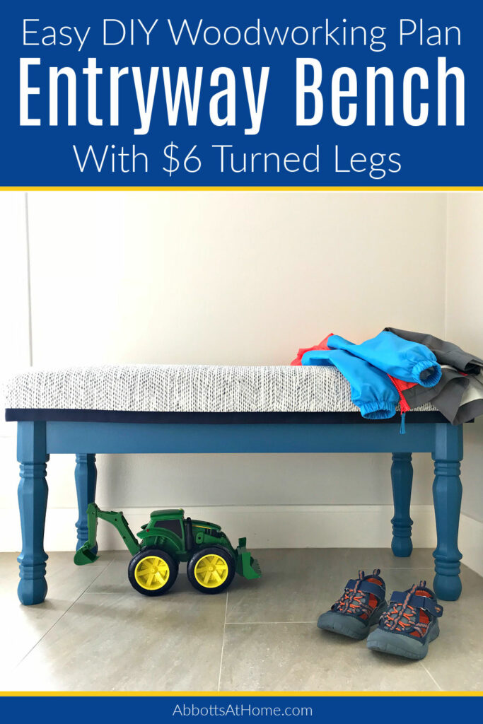 I LOVE this easy DIY Upholstered Entryway Bench Build Plan made with cheap turned legs. It's a beautiful bench you can paint or stain. Steps to build with a hard top or upholstered top.
