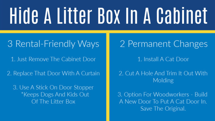 6 GREAT ways to Hide a Kitty Litter Box in a Cabinet. 4 are minor changes safe for rental properties. All of them are perfect for cat lovers!