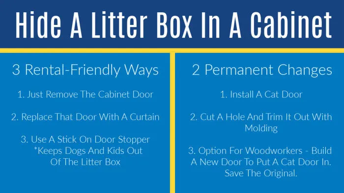 6 GREAT ways to Hide a Kitty Litter Box in a Cabinet. 4 are minor changes safe for rental properties. All of them are perfect for cat lovers!