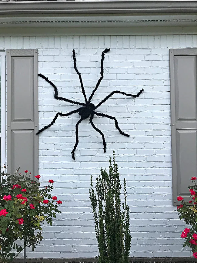 Image of white brick house with Giant Spider Halloween decorations. I LOVE this CHEAP & EASY Halloween theme on our house! Here's how to hang giant spider decorations outdoors with tons of photos to help you get the look.