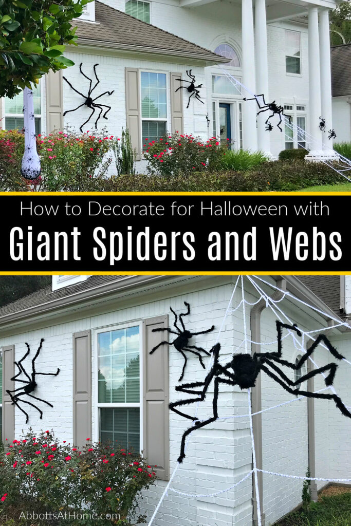 How to decorate your house with Giant Spiders for Halloween. I LOVE this CHEAP & EASY Halloween theme on our house! Here's how to hang giant spider decorations outdoors with tons of photos to help you get the look.