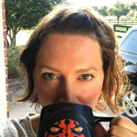 Photo of a woman drinking from a Darth Maul mug. Taken on my 43rd birthday.