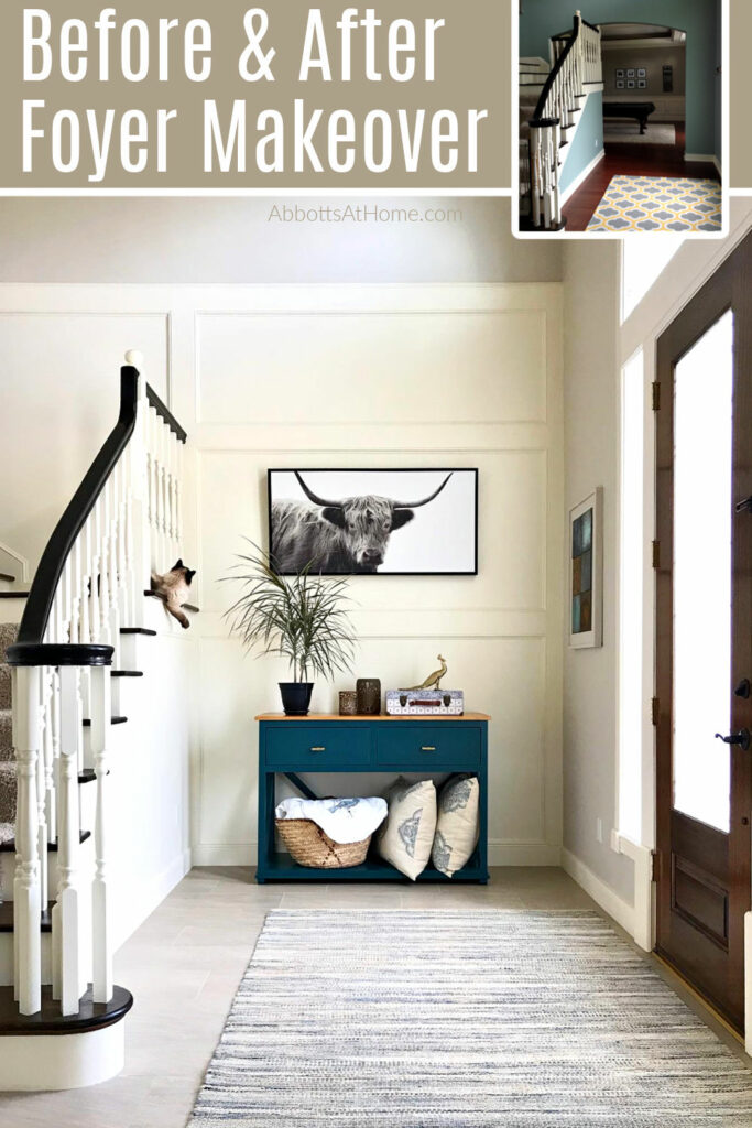 Images of the before and after on a foyer in a traditional home with white finish carpentry and a black banister on the stairway.