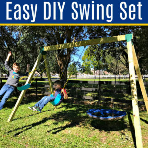 Image of a wooden swing set with 2 kids swinging. Image Text says Easy DIY Swing Set.