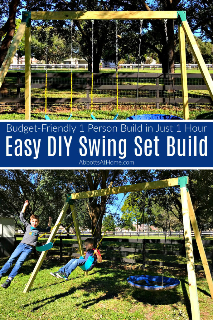 Image of a DIY wooden swing set with 3 swings from 2 different angles.