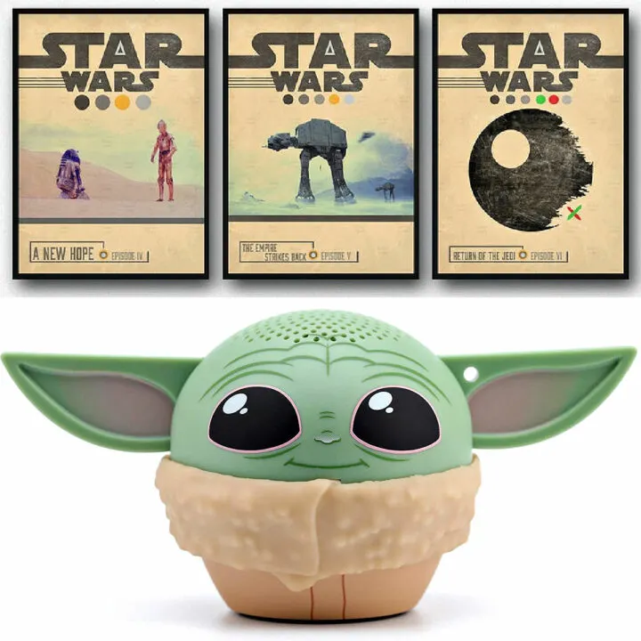 Image of retro Star Wars movie poster style wall art and a Baby Yoda Bluetooth speaker for a post about cool Star Wars Gift Ideas.