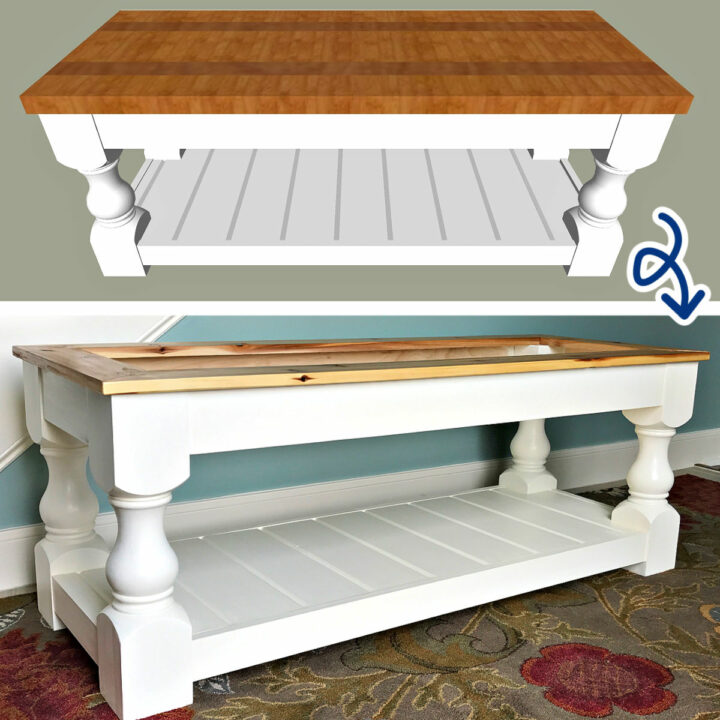 Image of a 3D Drawing and Photo of the DIY Chunky Farmhouse Coffee Table with PDF Plans.