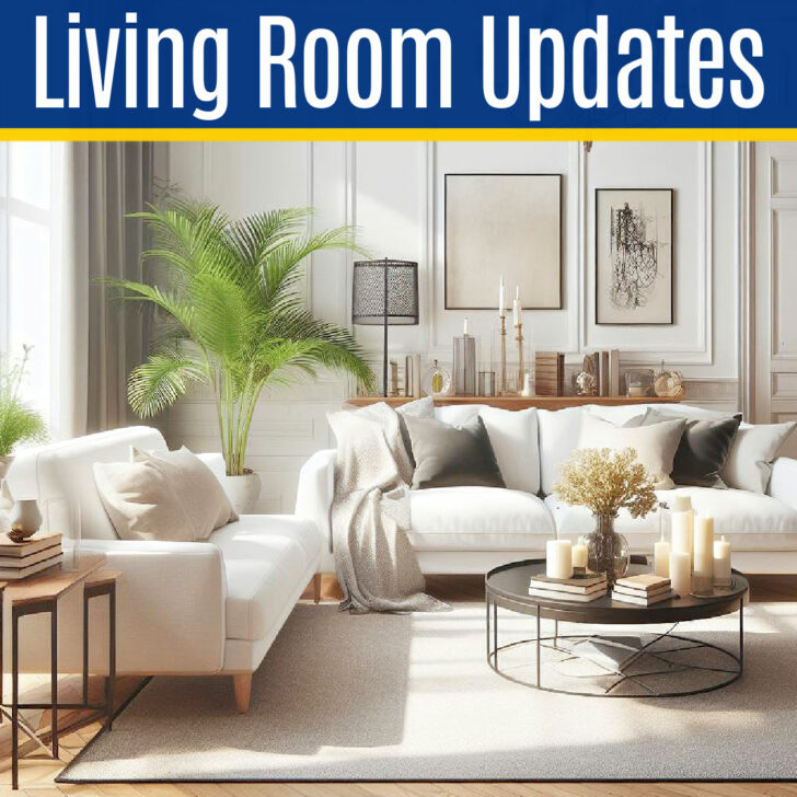 Image of a beautiful white living room for a post with 14 cheap ideas to update a living room or 14 ways to update a living room on a budget.