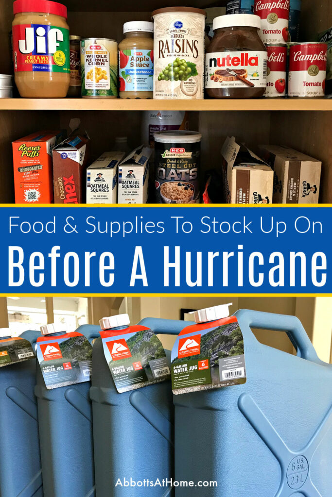 Image of a pantry stocked with food and large water storage containers. Text says "Food & Supplies to Stock Up On Before a Hurricane".