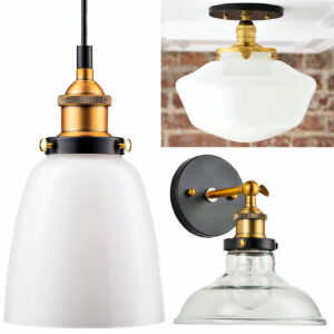 Image of 3 examples on a list of 37 best Milk Glass Light Fixtures and Schoolhouse Lights.
