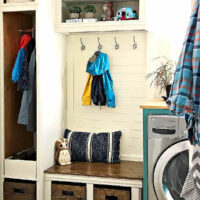 Image of Built In Cabinets remodeled into coat, shoe, and bag storage for a mudroom.