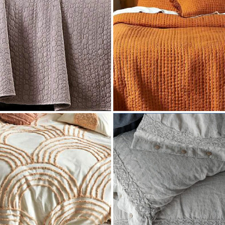 Image shows 4 examples of the 57 best bedding sets on Amazon and Etsy. Includes quilts, duvets, comforters, boho, southwestern, tufted, luxury linen, and more.