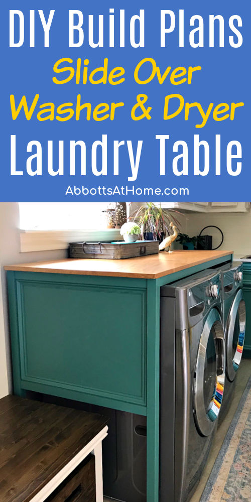 Image of a DIY wood laundry table that slides over a washer and dryer. In a post about how to build a folding table or laundry table.
