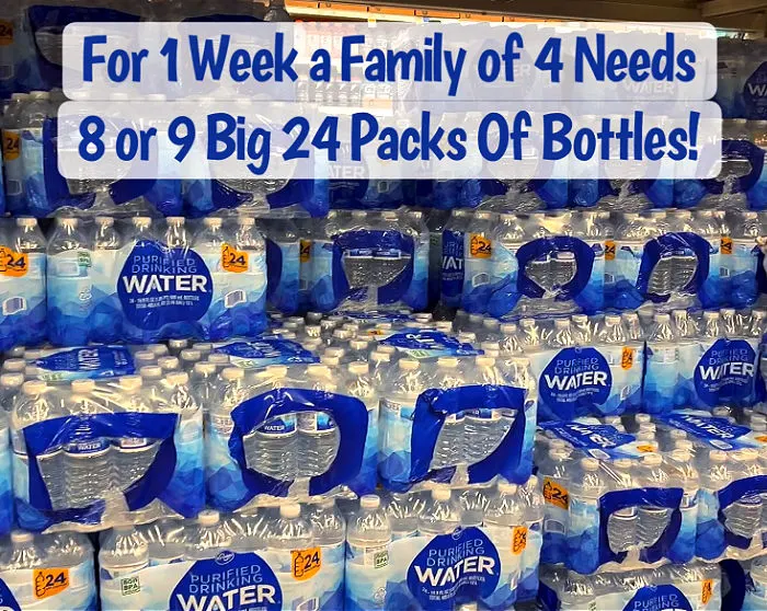 24 packs of single-use water bottles at a grocery store.