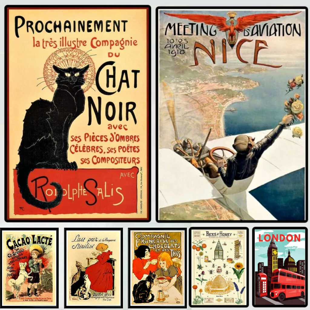 Image shows 7 examples of the 55 Vintage Art and Vintage Travel Posters on this list of beautiful options.