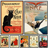 Image shows 7 examples of the 55 Vintage Art and Vintage Travel Posters on this list of beautiful options.