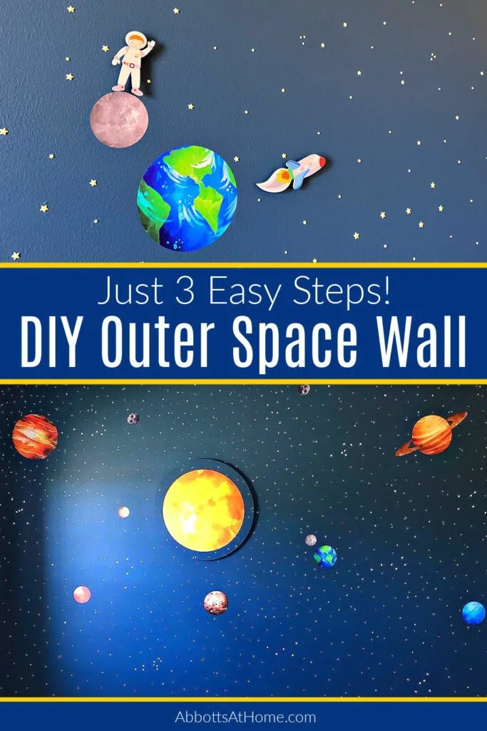Image of a wall painted dark blue with sun and planets vinyl stickers with glow in the dark stars. Text says "DIY Outer Space Wall".