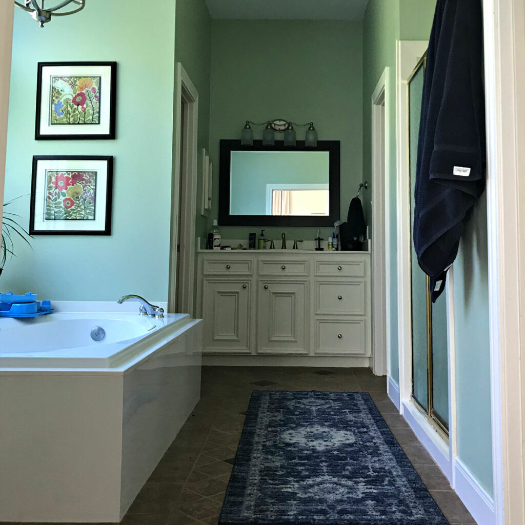 Before photo of a DIY Master Bathroom remodel.