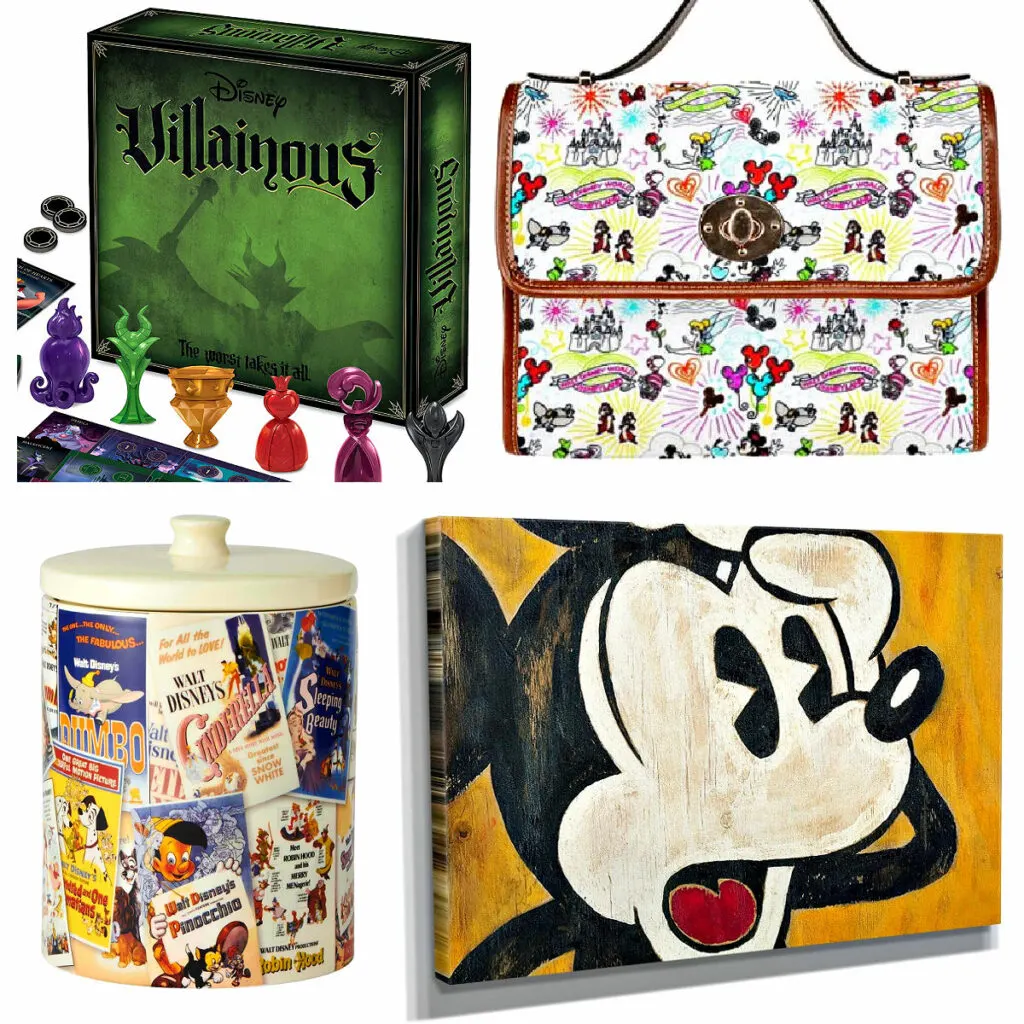 Image of 4 examples of the 50 Best Disney Themed Gift Ideas for Adult Disney Fans. Perfect for Mothers Day, Fathers Day, Christmas, and Birthdays.