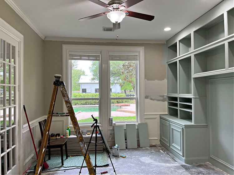 During a home office remodel with ladders in the room.