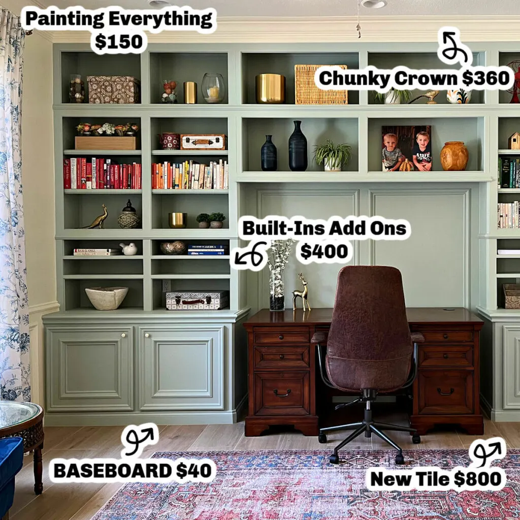 Image shows the cost of 5 DIY projects from this home office remodel with tons of storage.