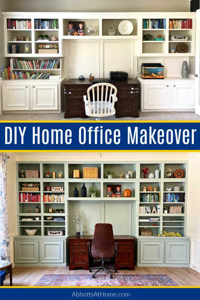 Before and after images for a DIY Home Office Makeover with DIY built-in cabinet updates, tile flooring, and Magnolia Homes by Kilz cabinets in Americana Egg.