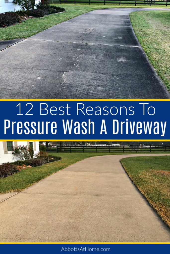 Before and After pressure washing a dirty driveway for a post with 12 best reasons to pressure wash a driveway or walkway.
