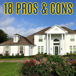 Image of a brick house painted white with 2-story columns. Text says "18 Pros & Cons to Paint Your Brick House".