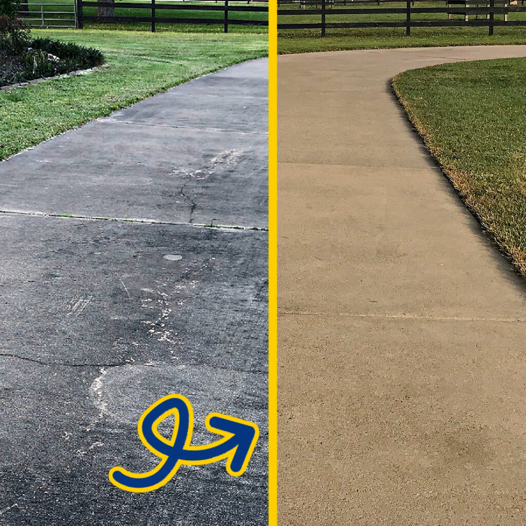 Before and After pressure washing a dirty driveway for a post with 12 best reasons to pressure wash a driveway or walkway.