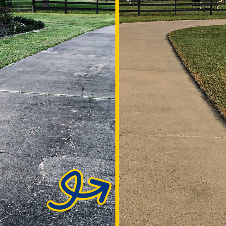 Before and After pressure washing a dirty driveway for a post with 12 best reasons to pressure wash a driveway or walkway.