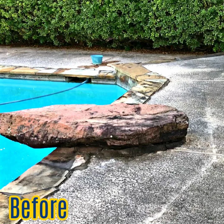Pool decking covered in dirt before pressure washing.