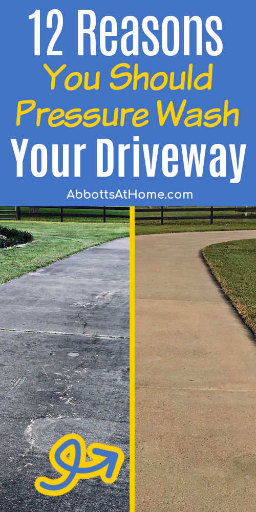 Image shows before and after on a really dirty driveway. Text says "12 reasons you should pressure wash your driveway"
