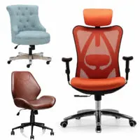 Image of 3 examples of comfortable and stylish home office chairs. Includes 25 leather, upholstered, and mesh office chair options.