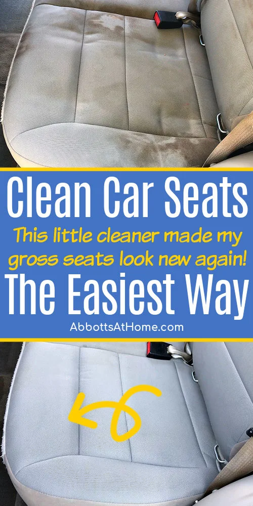 Before and after image on dirty cloth car seats for a post about how to clean car seats at home with a Bissell Spot Cleaner and steps for car seat cleaner use.