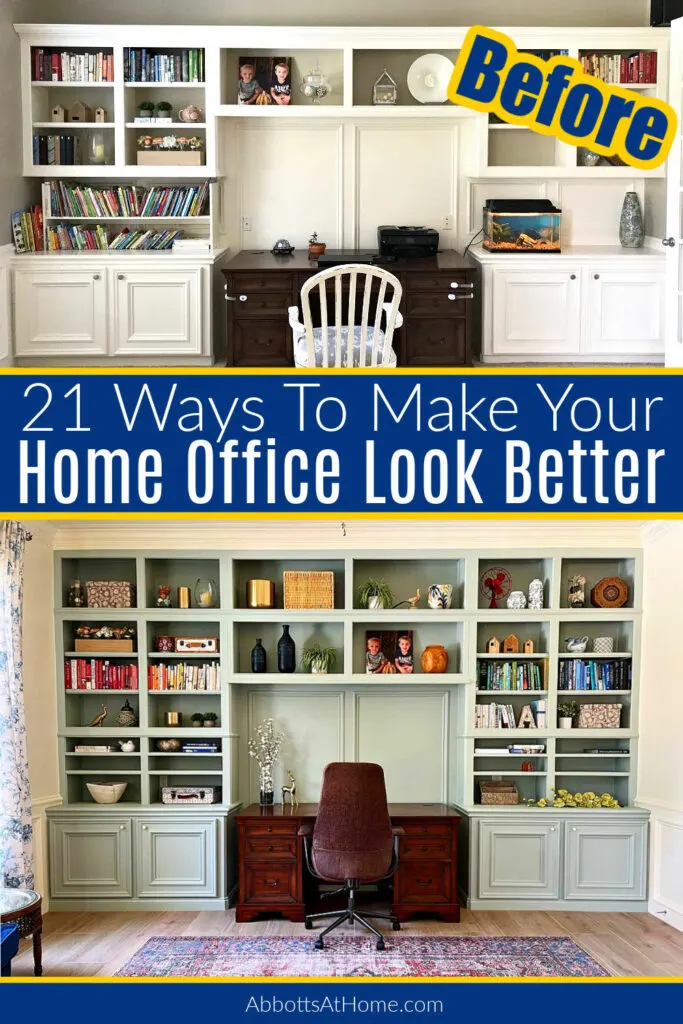 Before and after image of a home office makeover with 21cheap ideas to redo a home office.