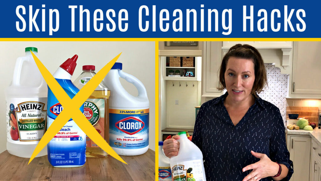 Image that says "Skip These Cleaning Hacks" for a post about cleaners that damage tile grout.