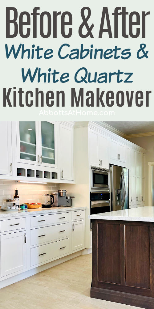 Image of a remodeled kitchen with white cabinets a wood island and white quartz counters with text that says "Before and After Kitchen Makeover"