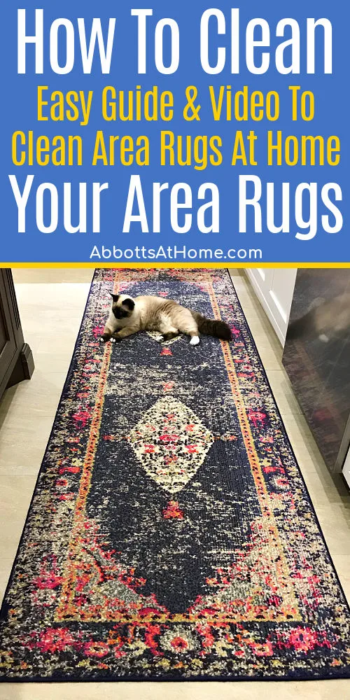 Image of an area rug in a kitchen with text that says " How to clean area rugs at home - easy steps and video".