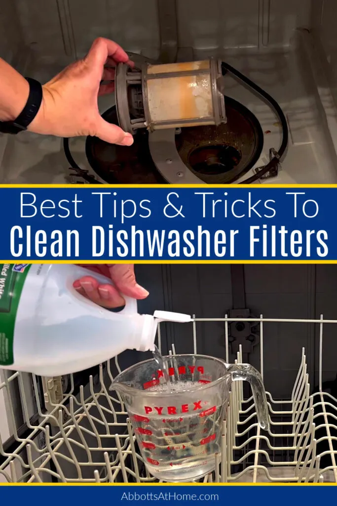 Image of dirty dishwasher filters before cleaning with vinegar. In a post about best tips for cleaning a dishwasher filter.