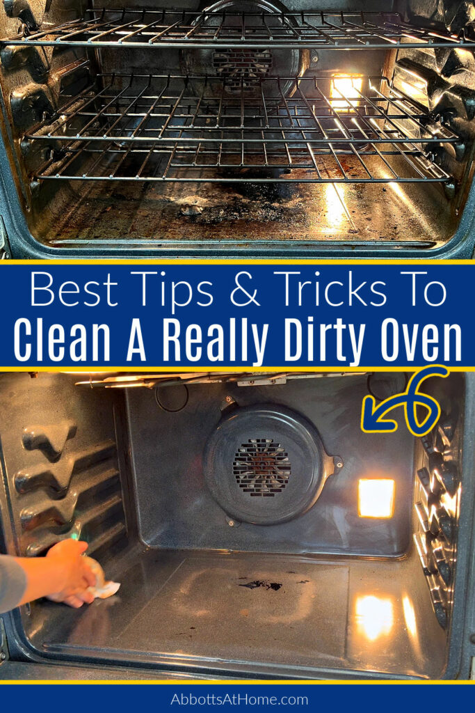 Before and after pictures of an oven cleaned with Easy Off Fume Free. With text that says "Best Tips & Tricks to Clean a Really Dirty Oven."