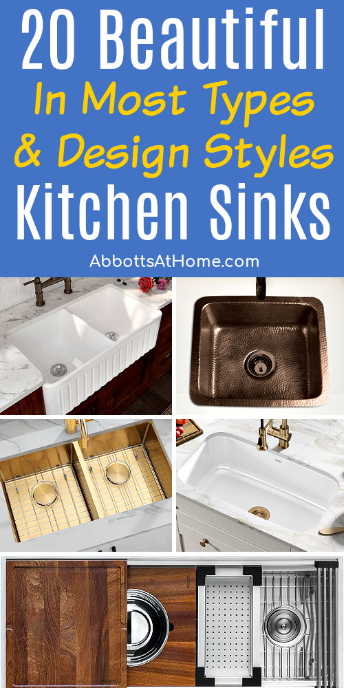 Image showing 5 examples of the best kitchen sinks for sale on Amazon. Text says "20 beautiful kitchen sinks in most types and design styles."