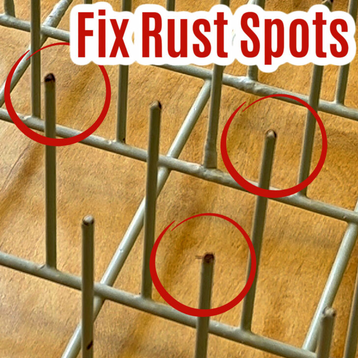 Image of a rusty dishwasher rack with text that says "Fix Rust Spots"