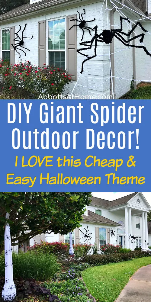 Image of Giant Spider Outdoor Halloween Decorations on a House. For a post about where to buy and how to hang Giant Spiders on a house.