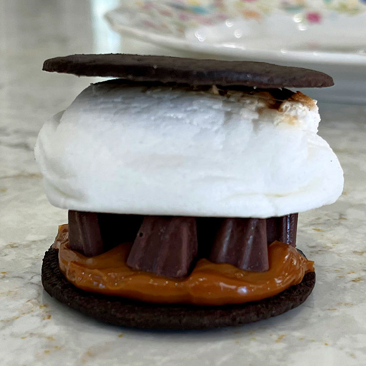Chocolate wafer Smores with Dulce De Leche truffles, Dulce De Leche, and a marshmallow.