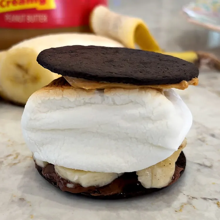 Different Smores Ideas using peanut butter. Image of chocolate cookie, peanut butter, banana, chocolate hazelnut smores.