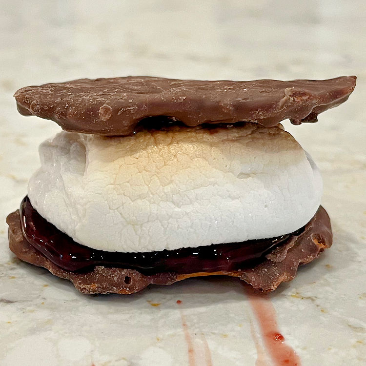 Chocolate pretzel Smores with cherry pie filling and roasted marshmallow.