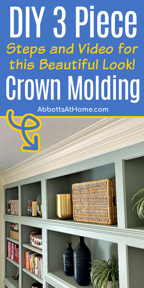 Image of a room with three piece crown molding made with baseboard. Text says "DIY 3 Piece Crown".