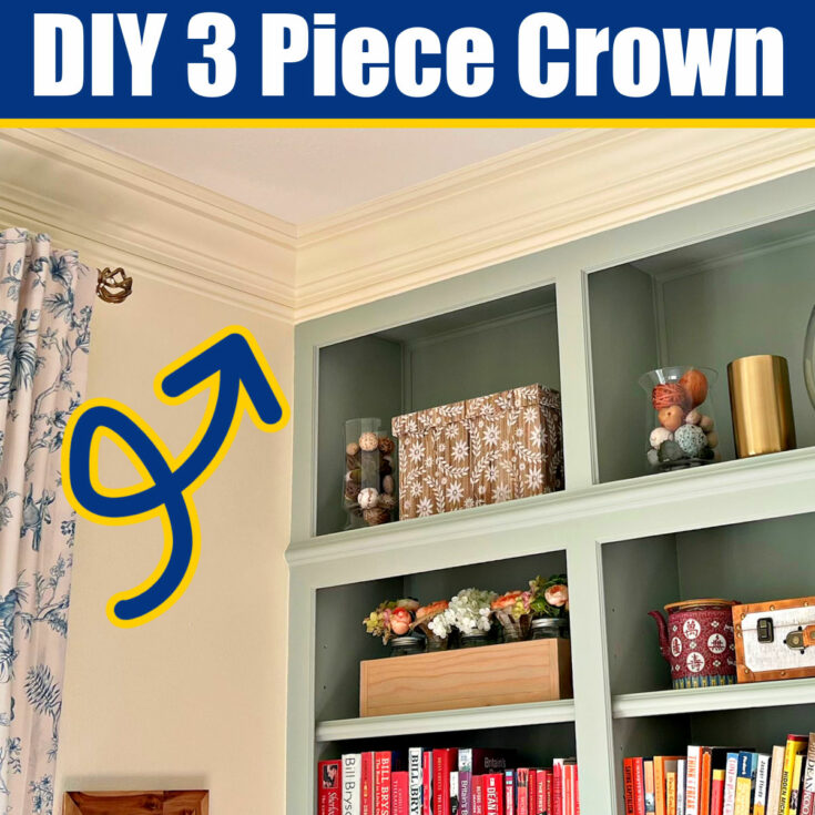 Image of a room with three piece crown molding made with baseboard. Text says "DIY 3 Piece Crown".