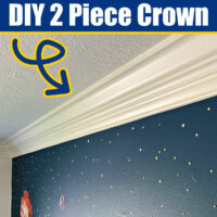 Image shows a room with layered, two piece crown molding. With text that says 